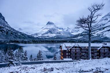 many glacier hotel, swiftcurrent lake and mt henkel
