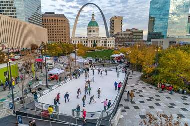 overhead view of skating rink at winterfest, gateway arch national park
