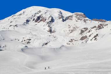 two cross country skiers at mount rainier national park 