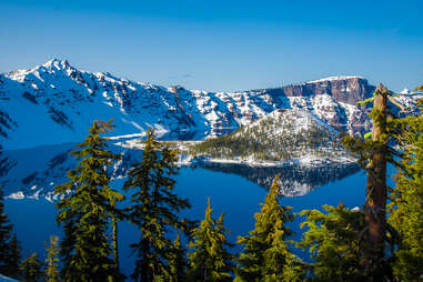 panoramic view of snow covered crater lake