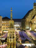 overhead view of germany christmas market, lit at night